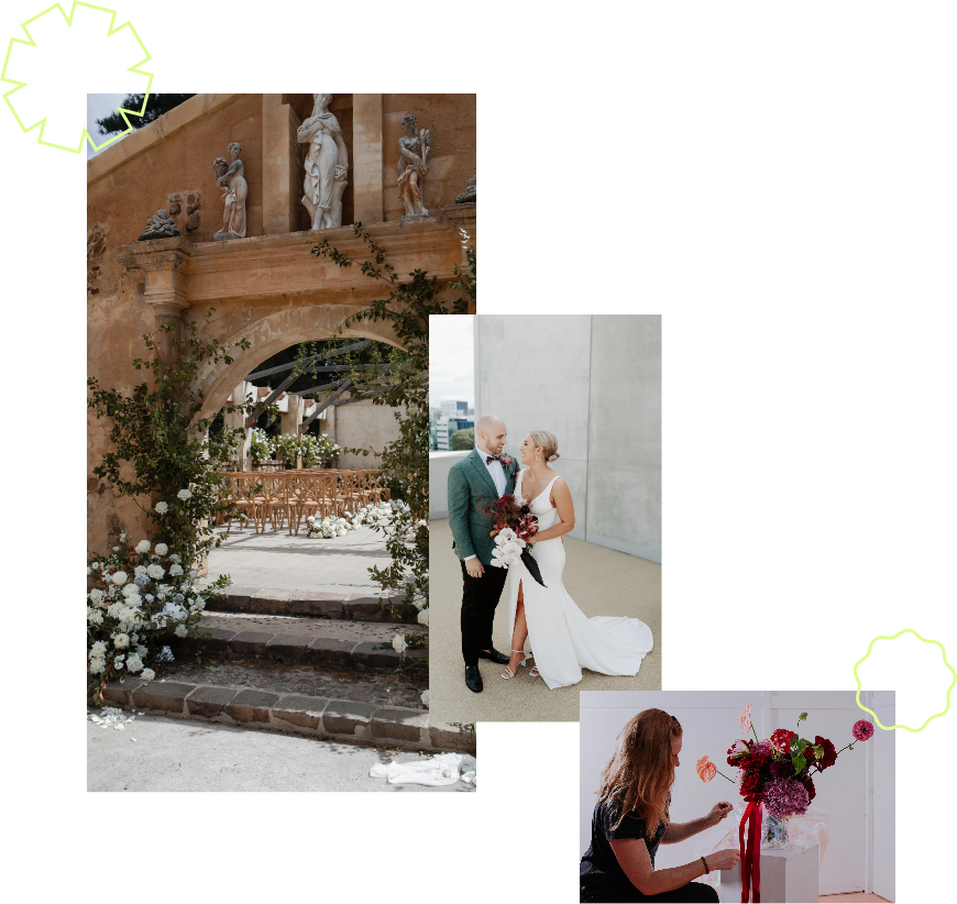 3 photos pined together one within an arch way with beautiful white flowers with vines running up the building. a couple posing for a wedding photo and one of our lovely workers setting up a bouquet 