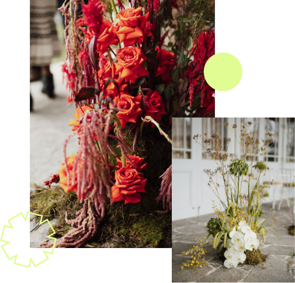 Two photos are pinned together, the first photo is orange roses next to moss and branches, the second photo is green flowers and white lillys!