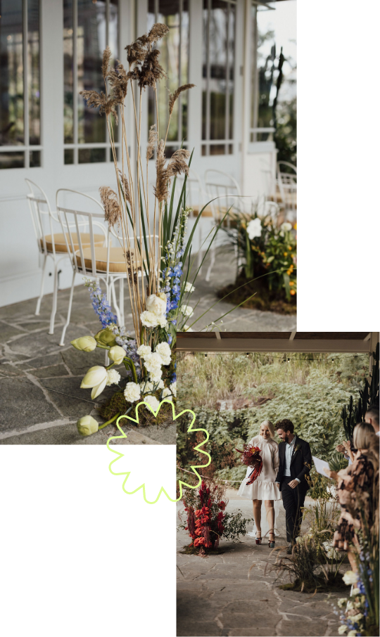 Two photos side by side, the first photo has chairs in a row and beautiful long stemed flowers that are flower roses or dried flowers and second photo is a couple walking down a isle