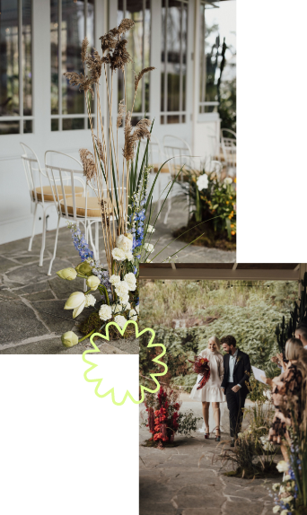 Two photos connected together the first photo is a set of chairs with dries flowers. The second photo is a couple walking down the Isle 